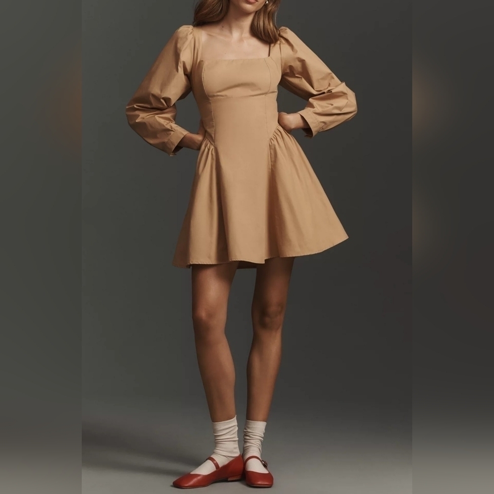 By Anthropologie Women's Long-Sleeve Square-Neck Poplin Mini Dress BEIGE XS